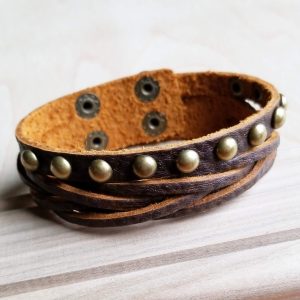 Multi strand leather cuff with antique gold studs (007s)