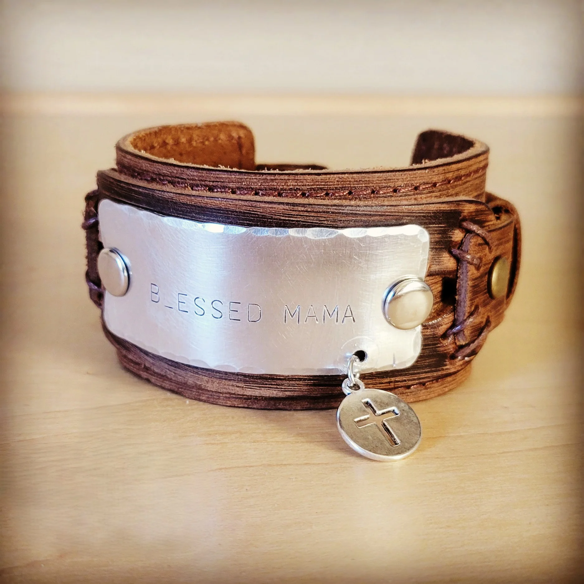 Blessed Mama Hand Stamped Genuine Leather Cuff (013g)